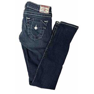 True Religion Julie Big T Woman 27X34 Skinny Stretch Blue Jeans Flap Pocket EUC